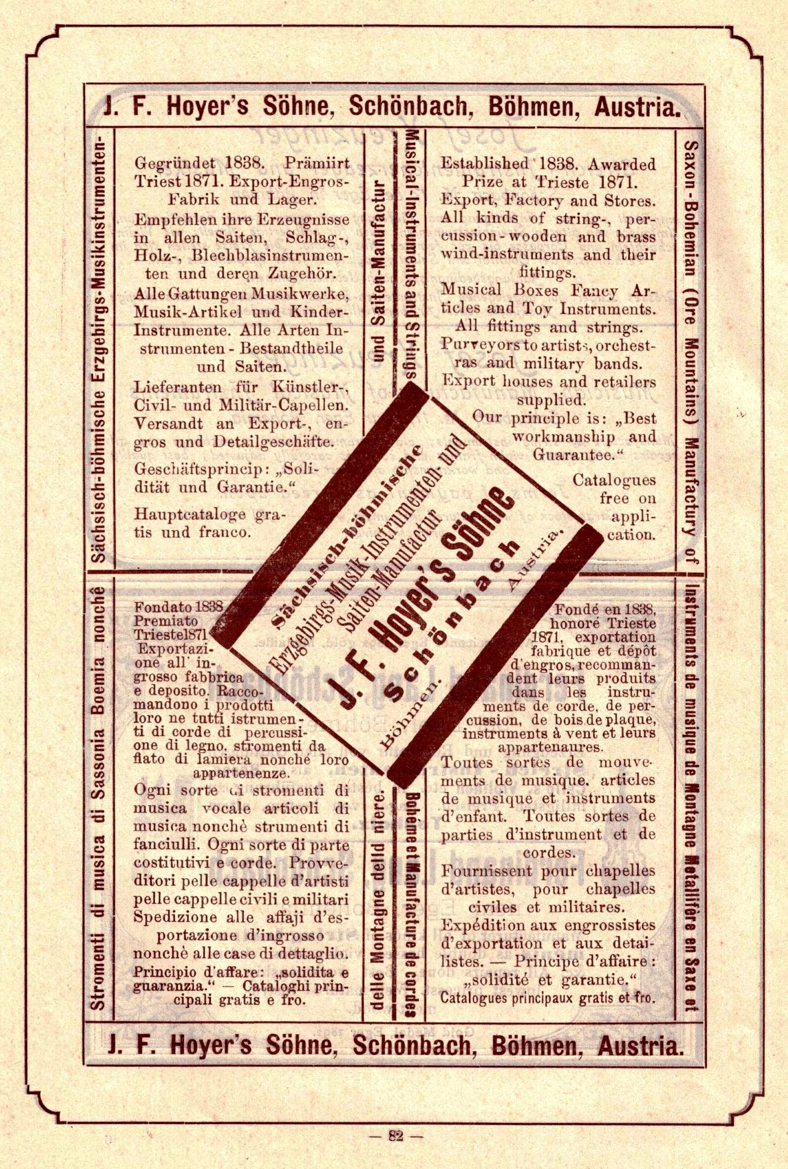 ボヘミア・オーストリアの Schönbach にある J. F. Hoyer’s Söhne の1897年多言語全ページ広告。ドイツ語・英語・イタリア語・フランス語の商品文が、創業年1838を記した斜めの社名帯の周囲に配される。