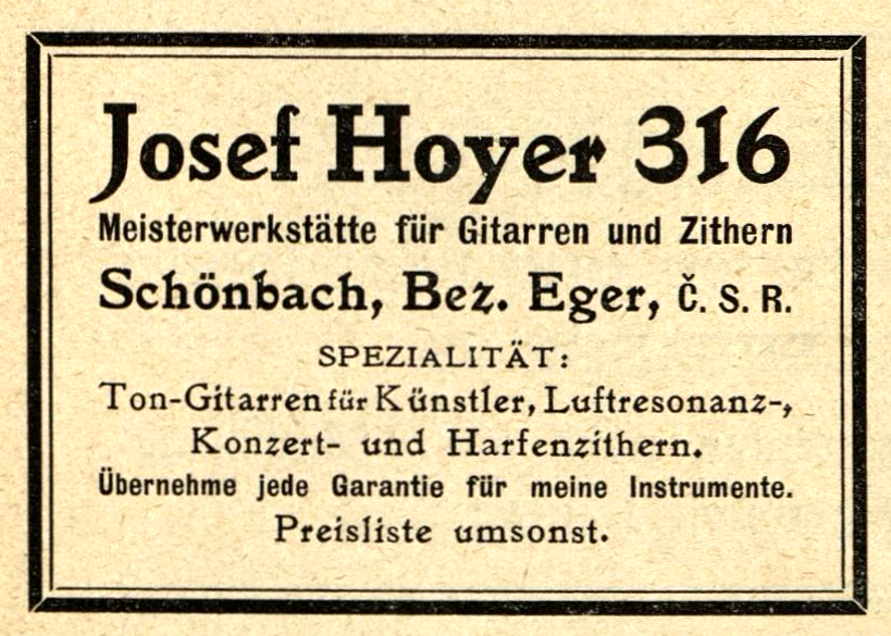 Schönbach のギター・ツィター・マイスター工房 Josef Hoyer 316 の黒枠広告。芸術家向けトーンギターと各種ツィターを列挙し、無料価格表の提供を案内。