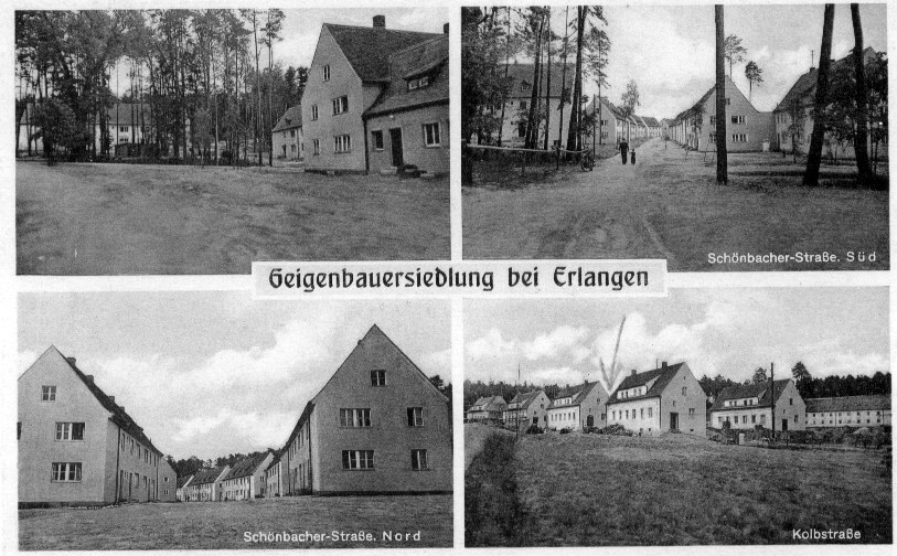 「Geigenbauersiedlung bei Erlangen」と題する四分割の白黒絵葉書。Schönbacher-Straße Süd・Nord と Kolbstraße の松林の中の簡素な切妻屋根の家並み。